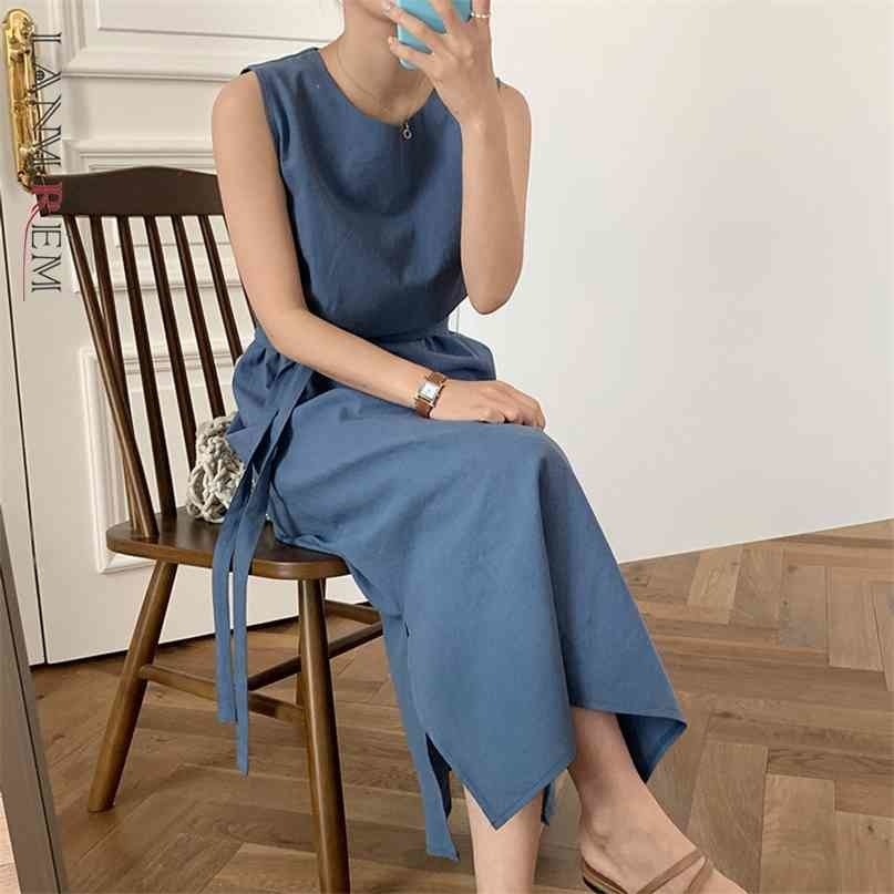 

Casual Midi Dress Cotton Hemp Sleeveless Vest Belt Temperament Loose Fashion Summer Women's High Waist 210526, Light blue