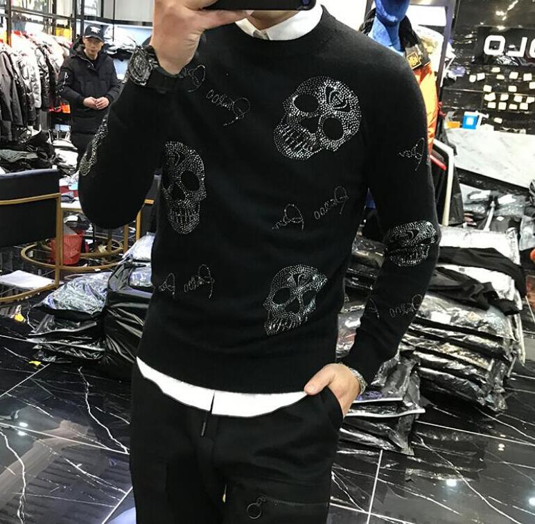 

Designer Rhinestone Fashion design sweater Hip Hop causal News Men'clothes, Black