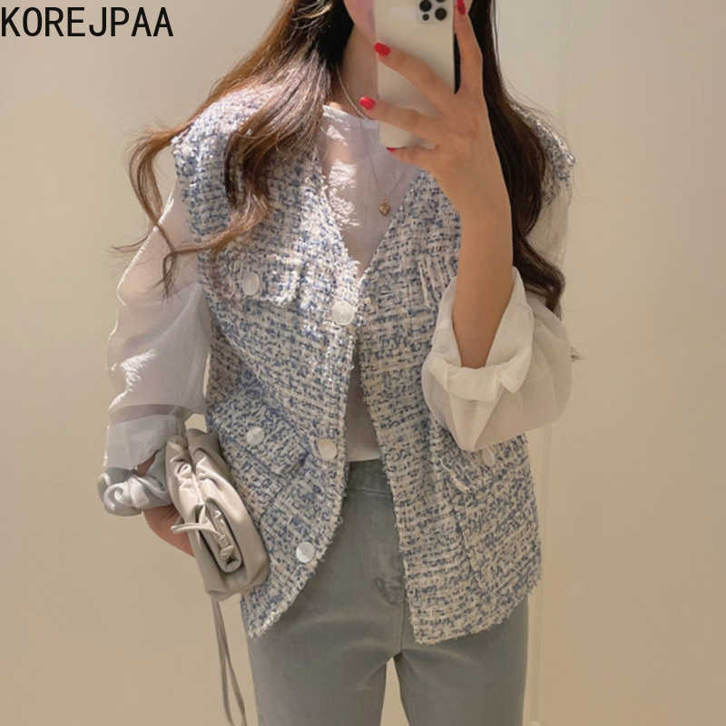 

Korejpaa Women Vest Summer French Retro V-Neck Multi-Pocket Versatile Loose Mixed Color Woolen Sleeveless Knitted Vests 210526, Blue