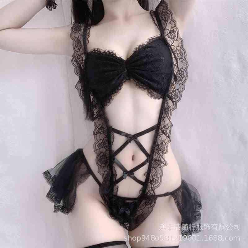 

Queen's drunken lingerie women's sexy lace Maid uniform temptation large one-piece transparent suit, Black;white
