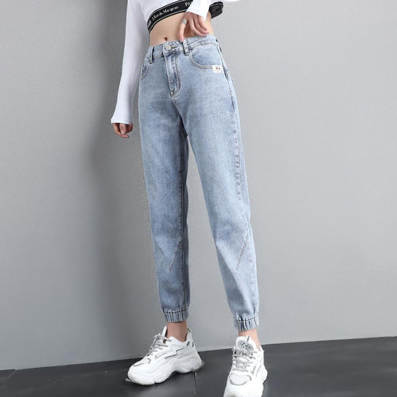 

Casual Loose Denim Harem Pants Women Streetwear Ankle Banded Jeans Korean Fashion Baggy Denim Ankle-Length Pants Sweatpants, Light blue