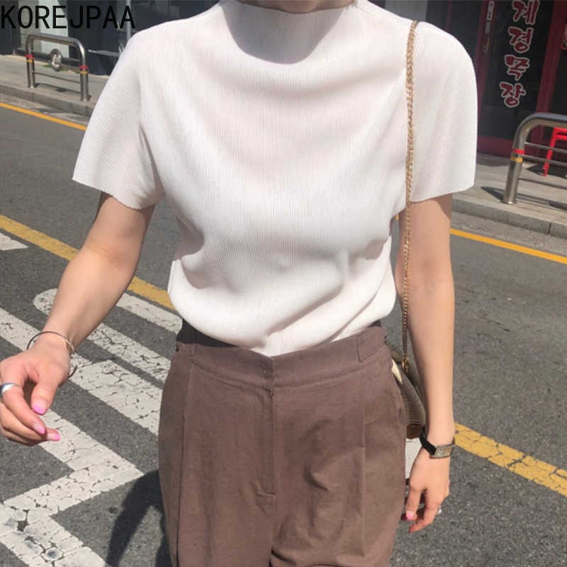 

Korejpaa Women Shirt Summer Korean Chic Temperament All-Match Round Neck Loose Casual Solid Color Short-Sleeved Blouses 210526, White