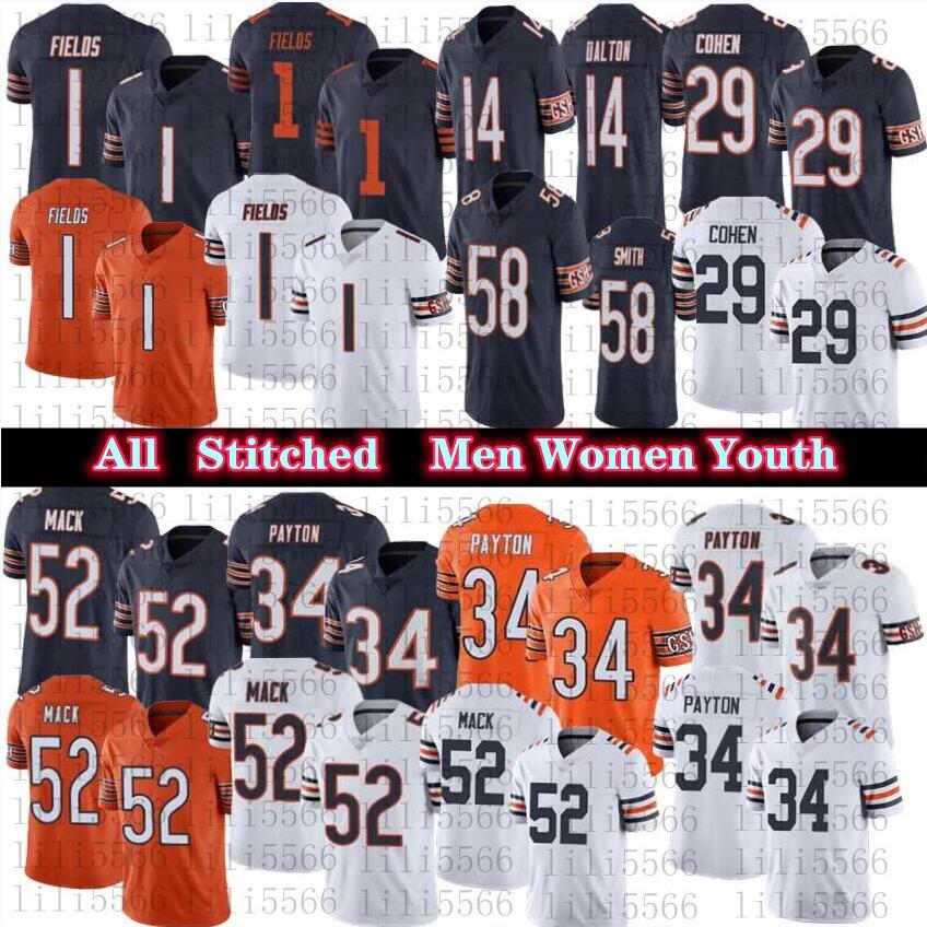 

Mens Women Football Jersey 1 Justin Fields 52 Khalil Mack 34 Walter Payton Stitched Jerseys, As