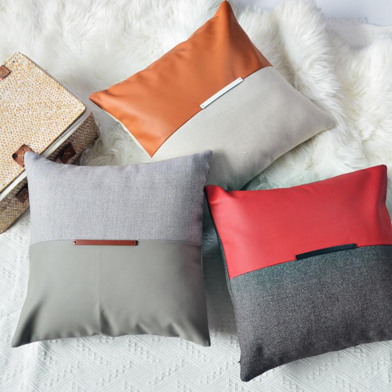 

Cushion/Decorative Pillow 2021 Pu Leather Canvas Blended Splicing Cushion Cover 45x45 Sofa Decor Throw For Liviing Room Pillowcase, B 45x45cm
