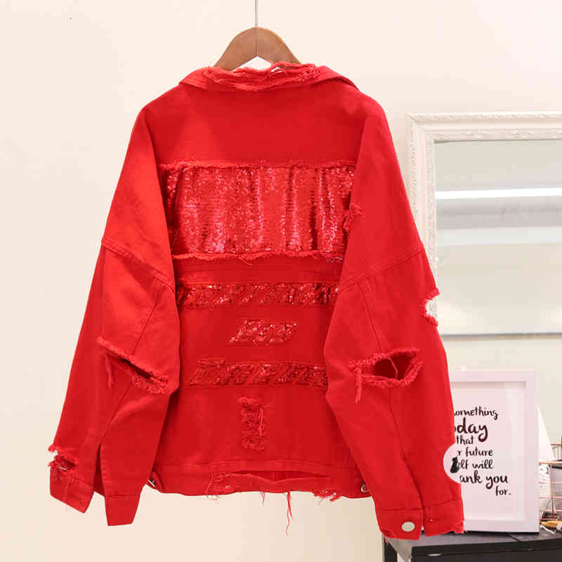 

Women's Jackets Sequin Red Denim Women Coat Spring Autumn Big size Loose Holes Short Jeans Fashion Ladies Outwear K1BO
