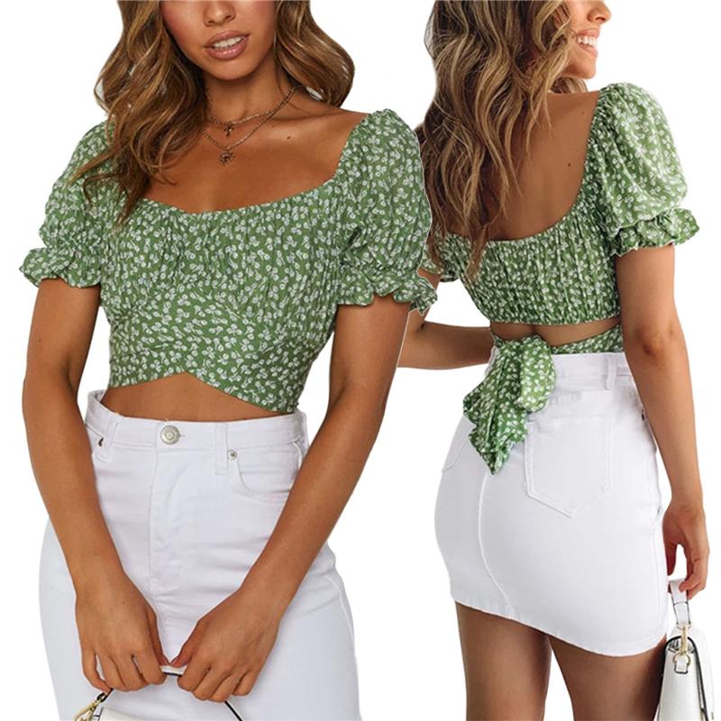 

Women' Blouses & Shirts 2021 Fashion Summer Small Flower Printed Blouse Short Puff Sleeve Bandage Low Square Neck Pleated Slimming Crop Top, As pic
