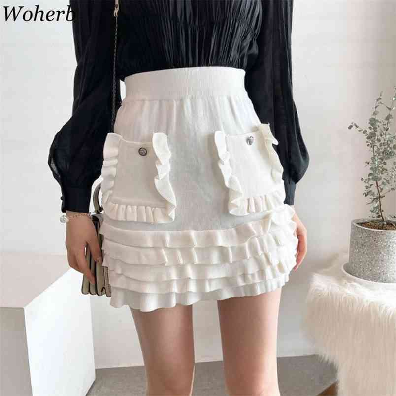 

Knitted Mini Skirt Women High Waist Hip Ruffles Patchwork Korean Spring Fashion Solid Jupe Femme Sweet Faldas Mujer 210519, Navy