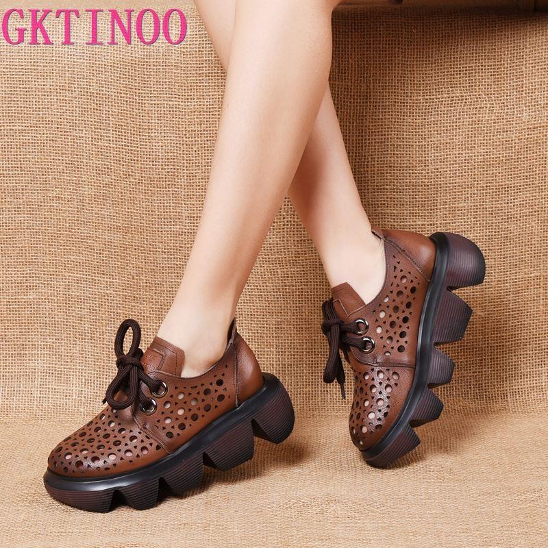 

Comfortable Genuine Leather Women's Sandals Thick-soled Platform Wedge Heel Short Shoes Round Toe Dress, Black