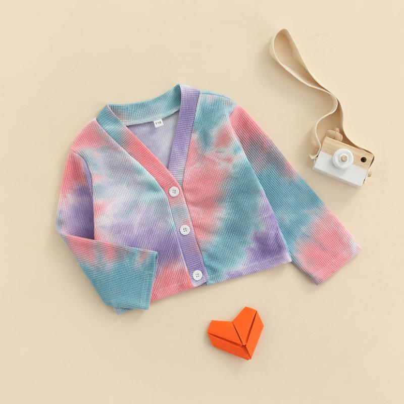 

Jackets Little Girl\u2021s Casual Long Sleeve Cardigan Fashion Tie-dye Printed Waffle V-neck Button Down Coat, Blue;gray