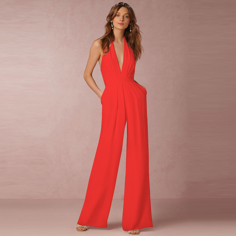 

Women Slim Office White Jumpsuits Deep V Sleeveless Backless Halter Wide Leg Rompers Female Sexy Club Zipper denim jumpsuit womens overalls, Black;white