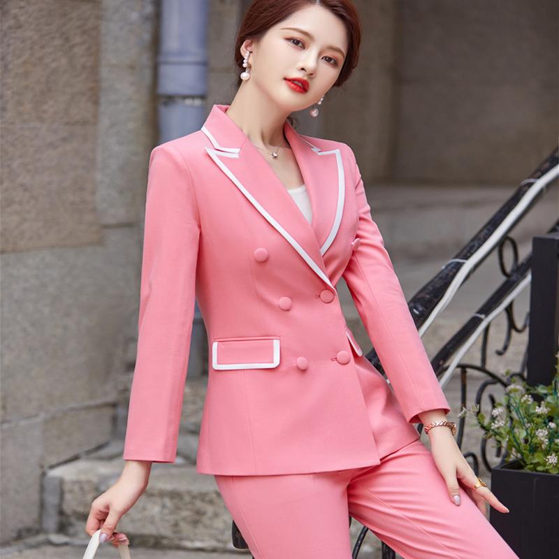 

Women' Two Piece Pants Formal OL Styles Blazers Suits Elegant Pink High Quality Fabric Professional Career Business Women Trousers Set Pant, Pink blazer coat