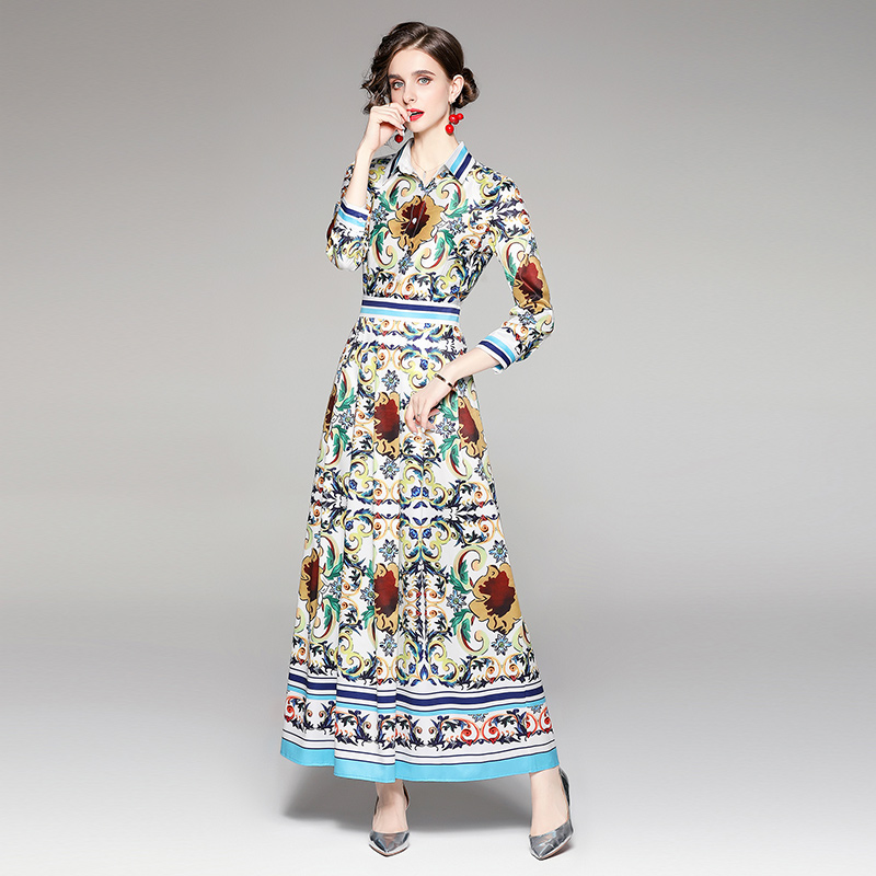 

Long Sleeve Retro Floral Maxi Dresses 2021 Women Designer Ribbon Bow Slim Runway Shirt Pleated Dress Party Prom Spring Autumn Winter Resort Elegant Birthday Frocks