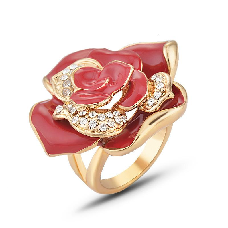 

Cluster Rings Fashion Beautiful Big Red Rose Flower Crystal Ring Vintage Boho Gold Color Green Enamel Engagement Wedding Party Jewelry