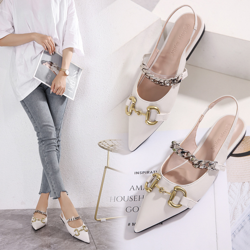 

Closed Toe Back Empty Slippers for Women Summer Pointed Sandals Horsebit Buckle Chain Flat Strap Womens Shoes, Black