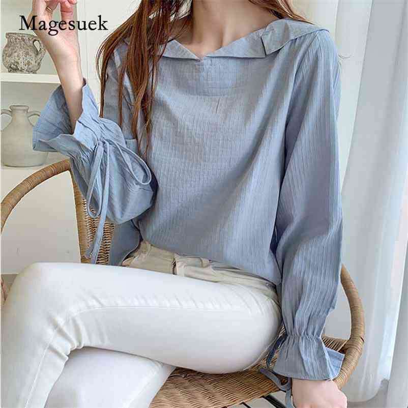 

Autumn Bow Cuffs Long Flare Sleeve Solid Blue Blouse Women Turn-down Collar Pullover Side Split Shirt Blusas Mujer 11247 210518, Light blue