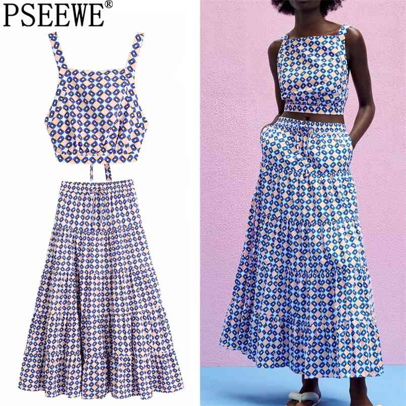 

Two Piece Set Women Skirt Geometric Print Backless Crop Top Summer Vacation Woman Outfits High Waist Long Skirts Suits 210519, Beige