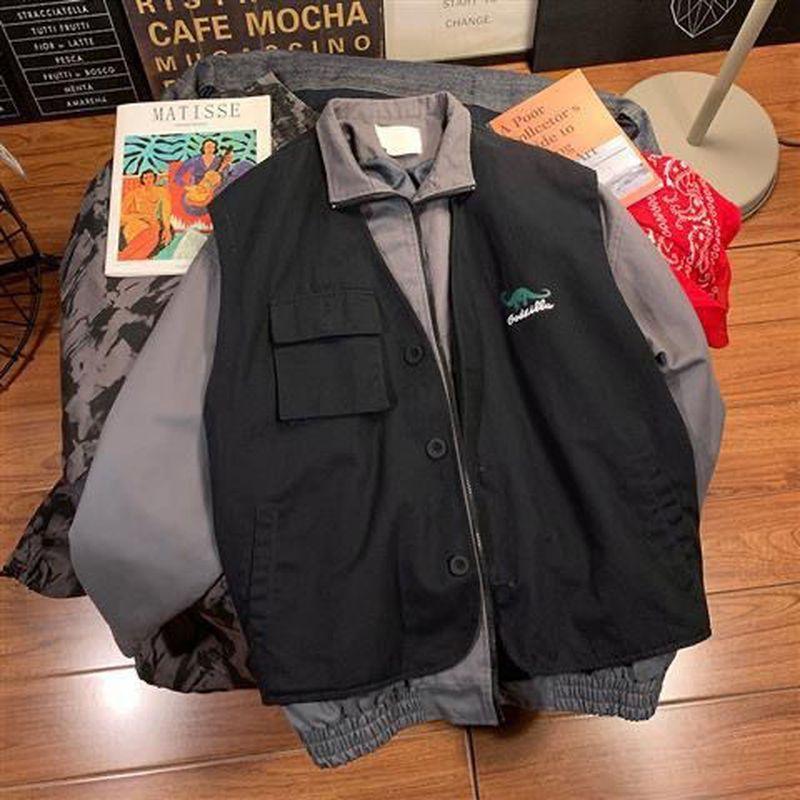 

Men's Jackets Fake Two-piece Vest Jacket Unisex Student Couple Printing Trend Loose Hong Kong Style Autumn Tactical Streetwear, Black;brown