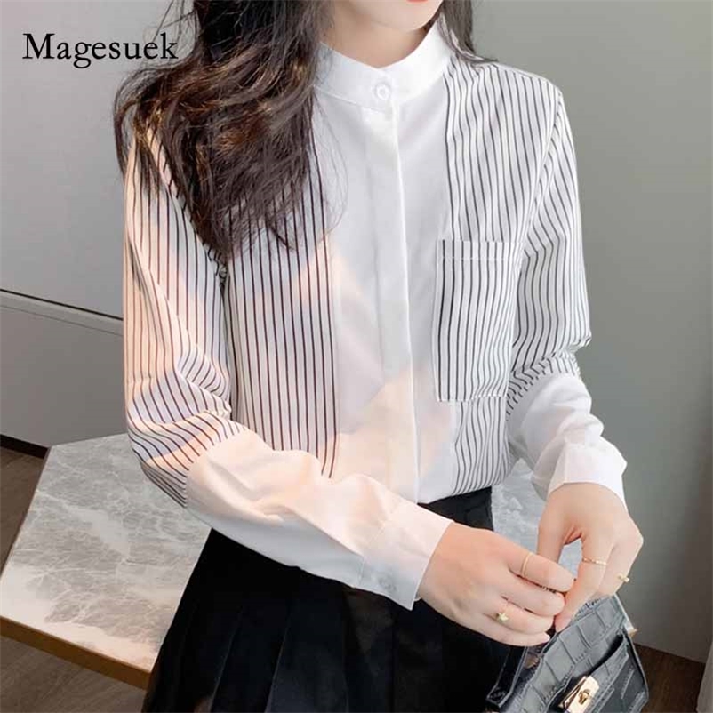 

Striped White Woman' Shirts Splicing Fashion Women Blouses Female Autumn Long Sleeve Chiffon Blouse Vintage Ropa De Mujer 10902 210518