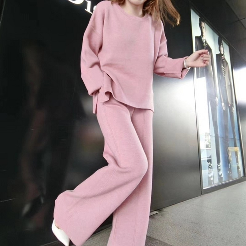 

High quality Knitted Women 2 Pieces Pant Sets fashion Autumn casual Solid color Warm pullover Sweater and Wide Leg Pats 210525, Picture color