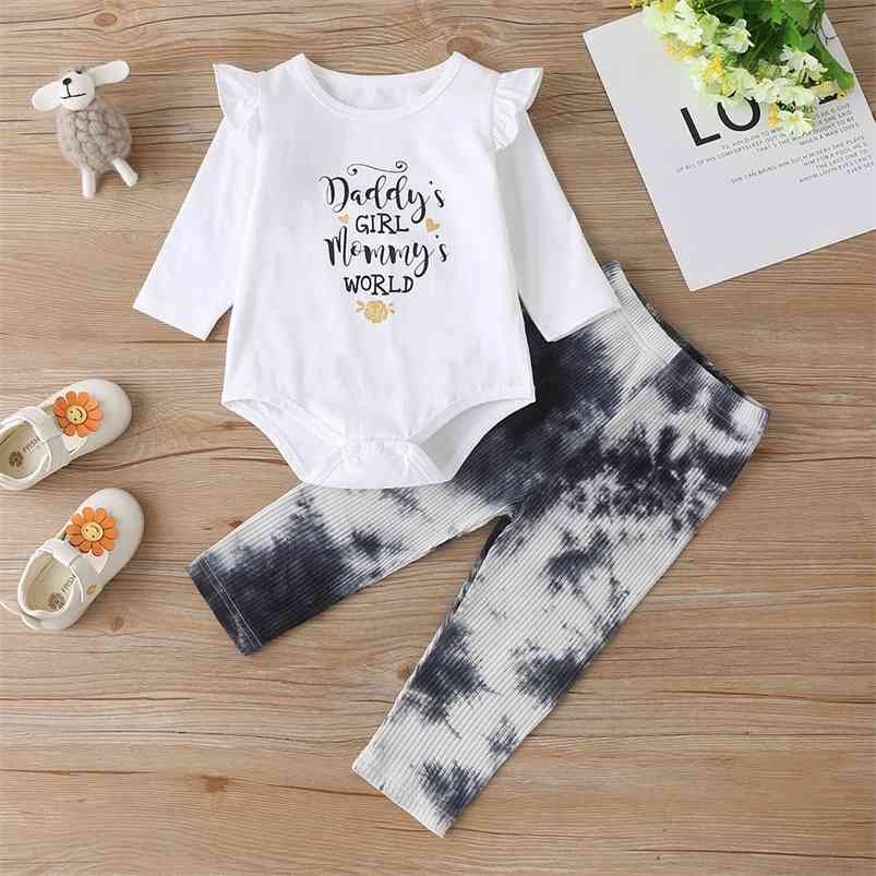 

Arrivals Winter Boys Sets Long Sleeve Letter Rompers Tie-dye Trousers Cute 2Pcs Clothes 0-2T 210629, Gray