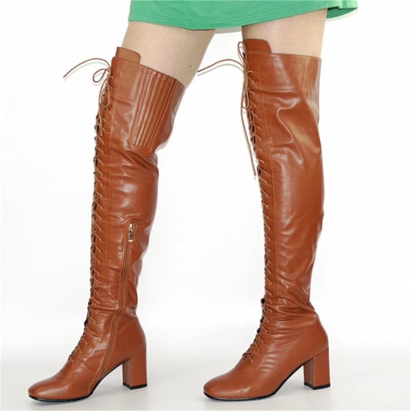 

Boots Winter Warm Women Lace Up Thigh High Over The Knee Block Cuban Heel Oxfords Fashion Party Tall Long, Color 1