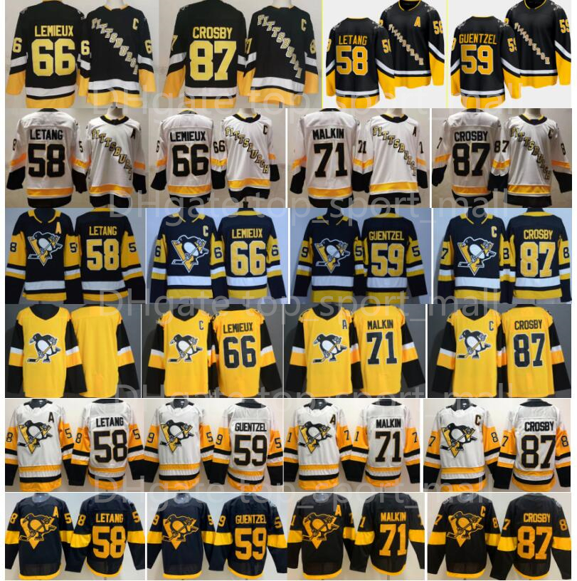 

Alternate Black Pittsburgh Penguins Jersey 87 Sidney Crosby 58 Kris Letang 59 Jake Guentzel 71 Evgeni Malkin 66 Mario Lemieux Hockey Reverse Retro White Men Stitched, Kids white