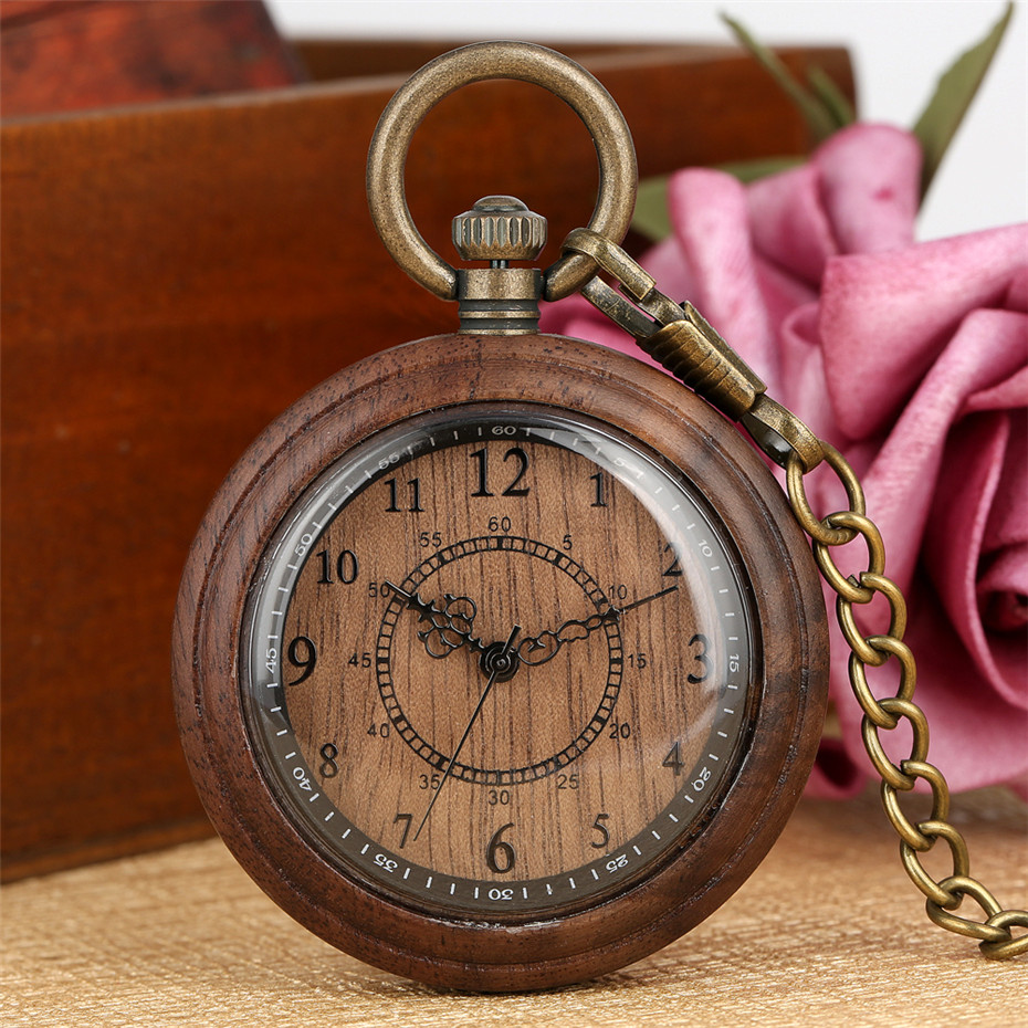 

New Fashion Wooden Pocket Watch Full Wood Case Quartz Movement Antique Bronze Pendant Fob Chains Gifts Men Women