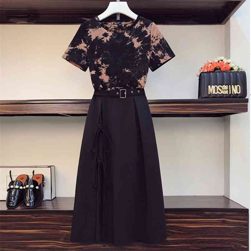 

Summer Retro Elegant 2 Piece Set Short Sleeve T-shirt Top + Sexy Split Black Long Skirt Casual Suit L- 210519, Photo color