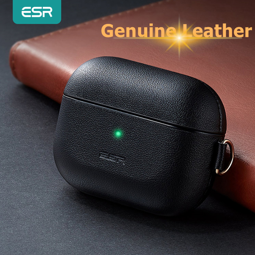 

ESR Leather Case for AirPods Pro Keychain Hook Up Shockproof Cover For 3 Black Brown Luxury Genuine