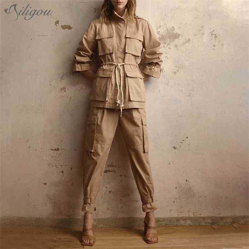 

Fall Women'S Overalls Style Two-Piece Lapel Long-Sleeved Waist Coat Pocket Pants Casual Fashion Suit 210525, Khaki