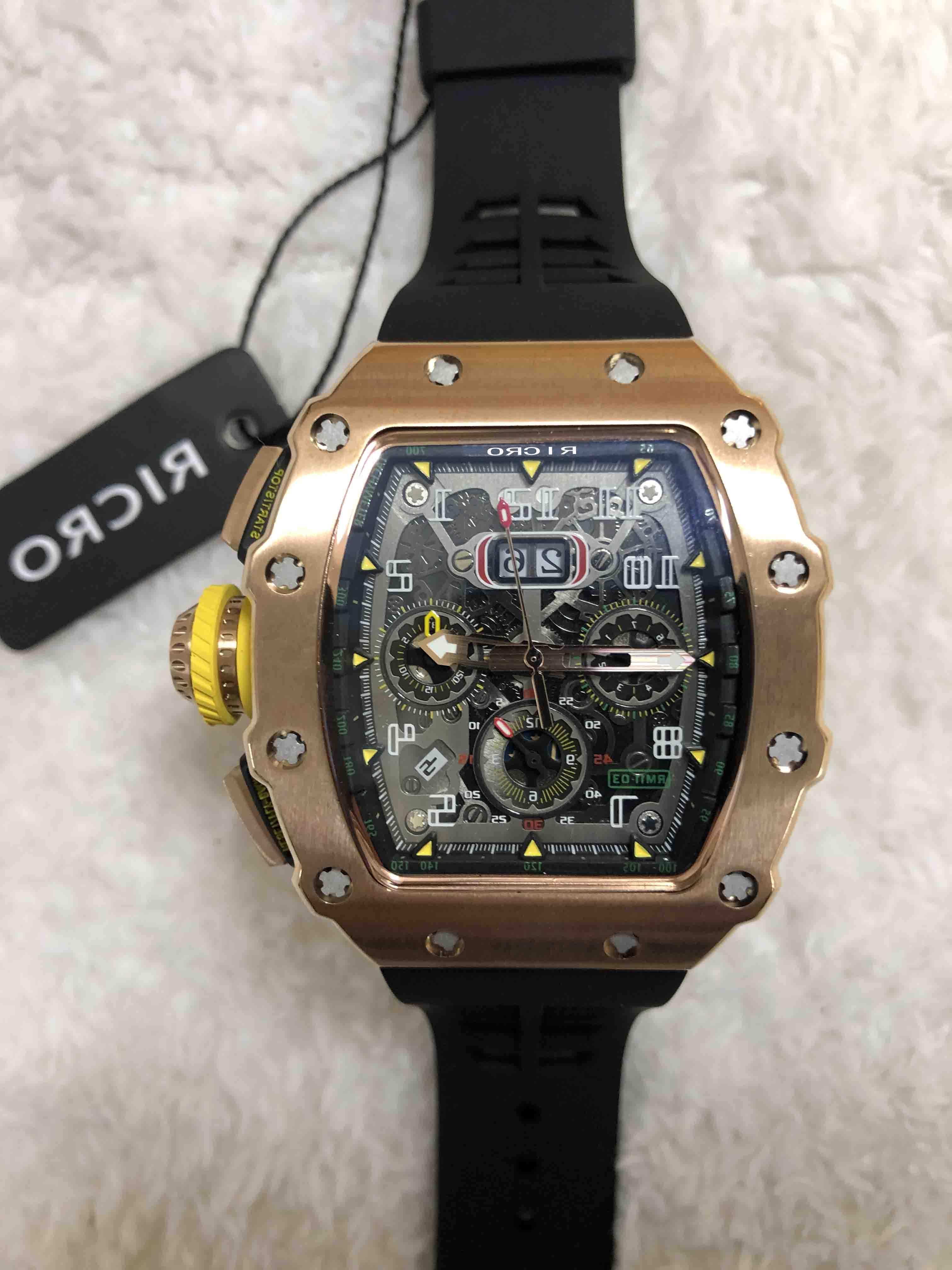 

watch, men, rm11, fully automatic mechanical movement, black rubber straps, time date, deluxe, wholesale & retail, bow clasp, Slivery;brown