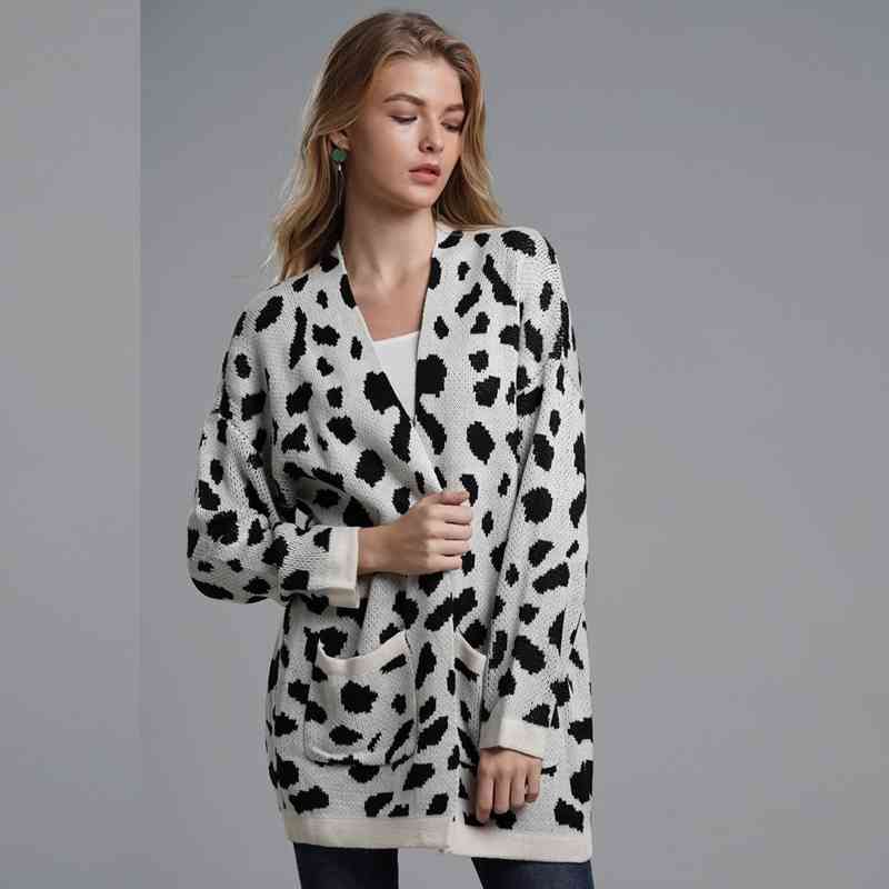 

Women's Cardigan Sweater Autumn Medium Long Loose Leopard Bat Sleeve Jacket 210527