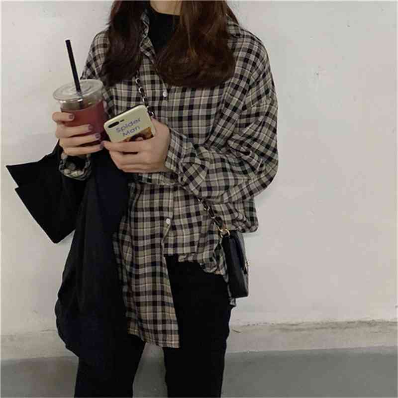 

Women's Jackets 2019 Spring Autumn Korea Fashion Women Long Sleeve Loose Shirts Coat All-matched Casual Plaid Blouse Tops Female, Black