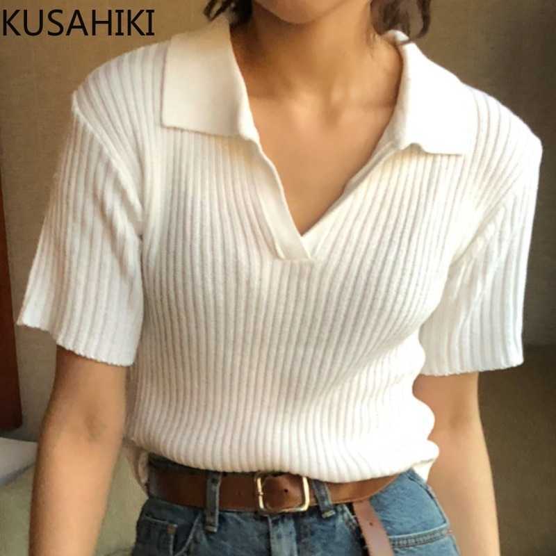 

KUSAHIKI Korean Turn-down Collar Knitted Tops Women Short Sleeve Elegant Slim Knitwear Summer Knitting Pullovers 6J559 210602, Black