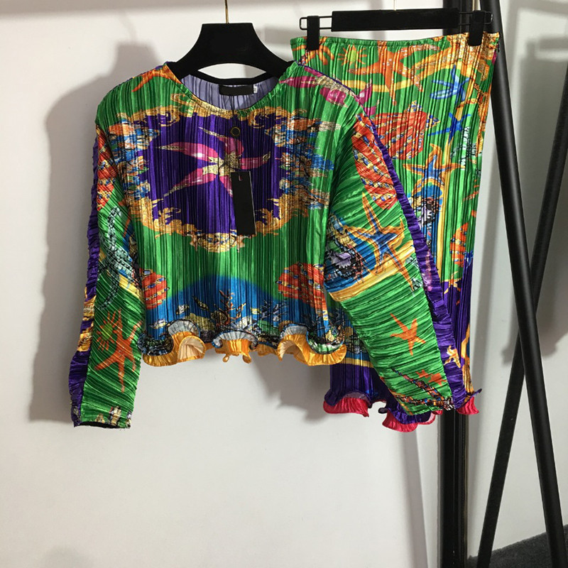 

Retro Print Women Dresses INS Fashion Soft Touch Female Skirts Set Outdoor Street Style Long Sleeve Lady Shirts Sets, Green