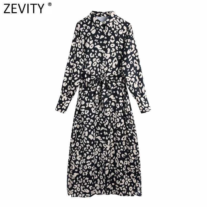 

Zevity Women Fashion Turn Down Collar Leopard Print Casual A Line Dress Female Chic Sashes Party Vestido Split Cloth DS4921 210603, As pic ds4921bb