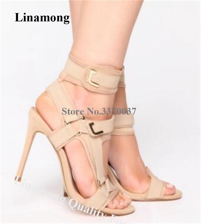 

Sandals Fashion Open Toe Suede Leather Stiletto Heel Gladiator Beige Black Ankle Wrap Buckles High Dress Heels