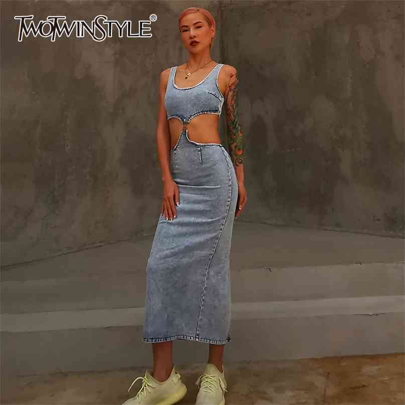 

Sexy Hollow Out Denim Dress For Women Square Collar High Waist A Line Streetwear Slim Dresses Female Summer 210520, Blue