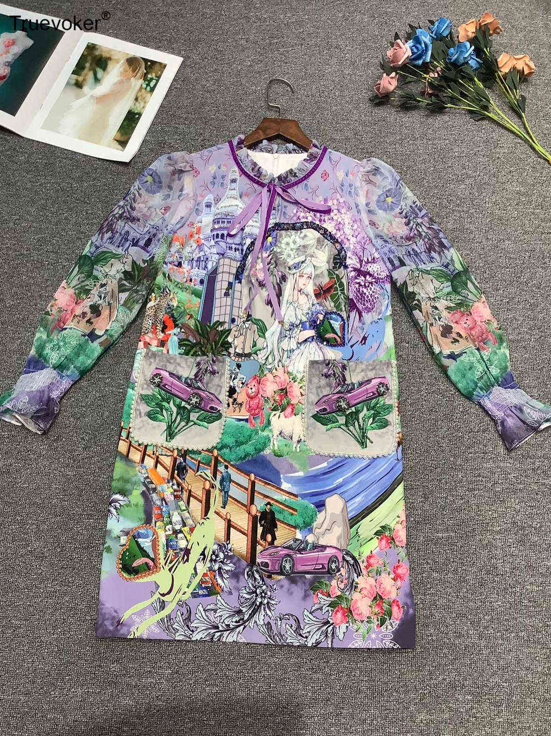 

Truevoker Lady Spring Runway Prom Dres Full Sleeve Cute Cartoon Print Beading Hih Street Fashion Holiday Dresses 210602, Multi