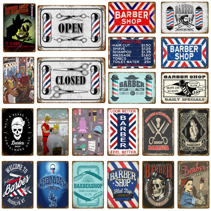 

Vintage Barber Shop Metal Signs Wall Sticker Open Closed Advertising Plaque For Pub Bar Club Shop Home Decor Hair Cut Poster