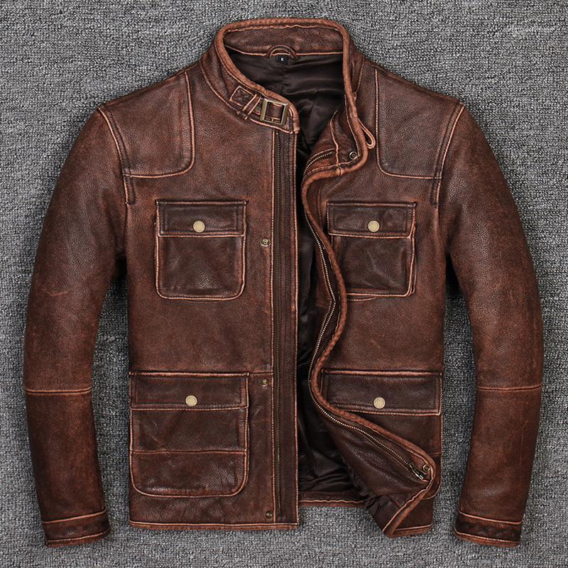 

Men's Leather & Faux Genuine Jacket Men Winter Jackets Mens Homme Slim Fur Collar 2021, Old red
