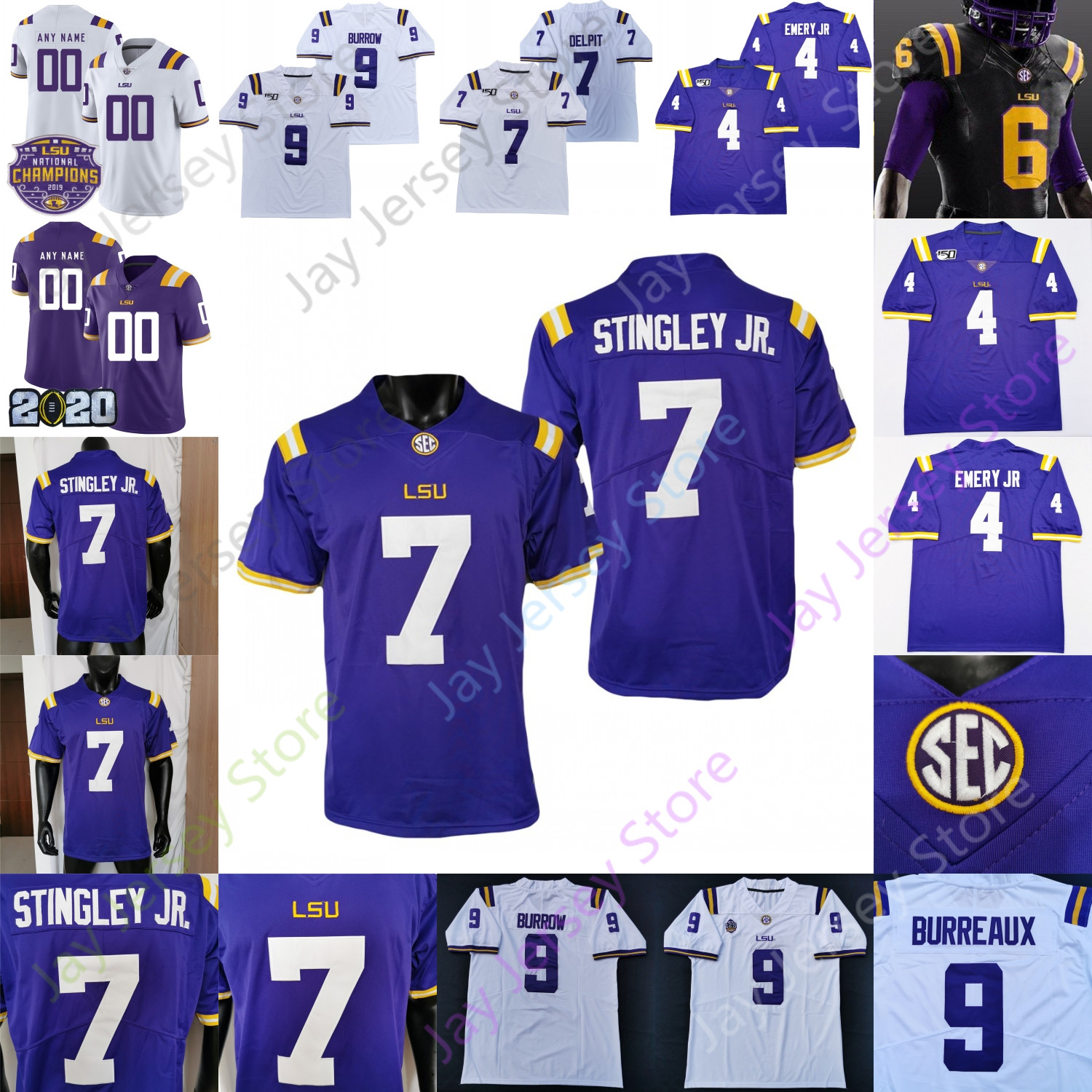 

Louisiana State LSU Tigers Football Jersey NCAA College Derek Stingley Jr. Joe Burrow Burreaux Davis-Price Jenkins Max Johnson Kayshon Boutte Trey Palmer, White