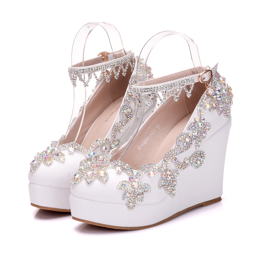 

Color Rhinestone tassel wristband slope heel shoes women's waterproof platform high heels, White