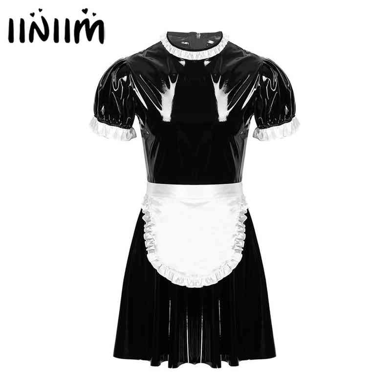 

Mens Male Sissy Cosplay Costume Clubwear Puff Sleeve Wetlook Latex Maid Servant Uniform Flared Dress with Apron, Black;white