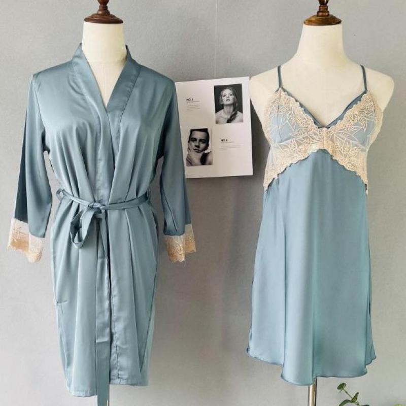 

Women's Sleepwear Satin Lace Patchwork 2PCS Limono Robe Set Casual Women Bathrobe Gown Home Clothing Intimate Lingeie Sexy Homewear Nightgow, Black;red