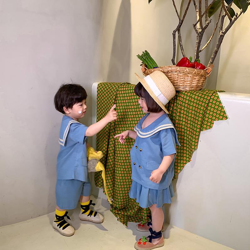 

Clothing Sets 2021 Summer Korean Boys And Girls' College Style Suit Sister Brothers Childrens Navy Kids Costume, Tops with shorts