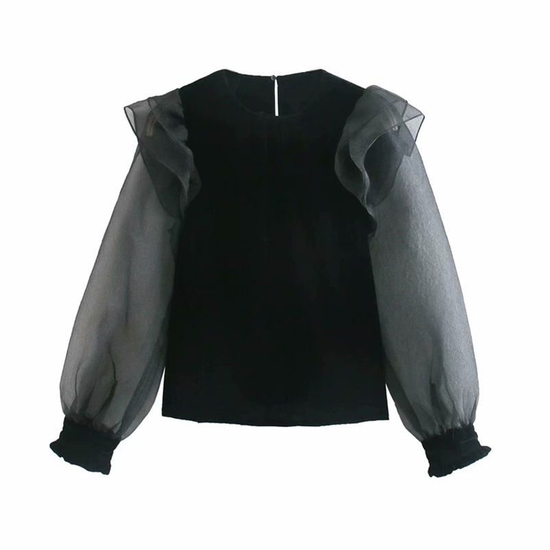 

spring women blouse shirt Fashion velvet mesh transparent lace sleeve stitching Sexy lady s 210524, Black