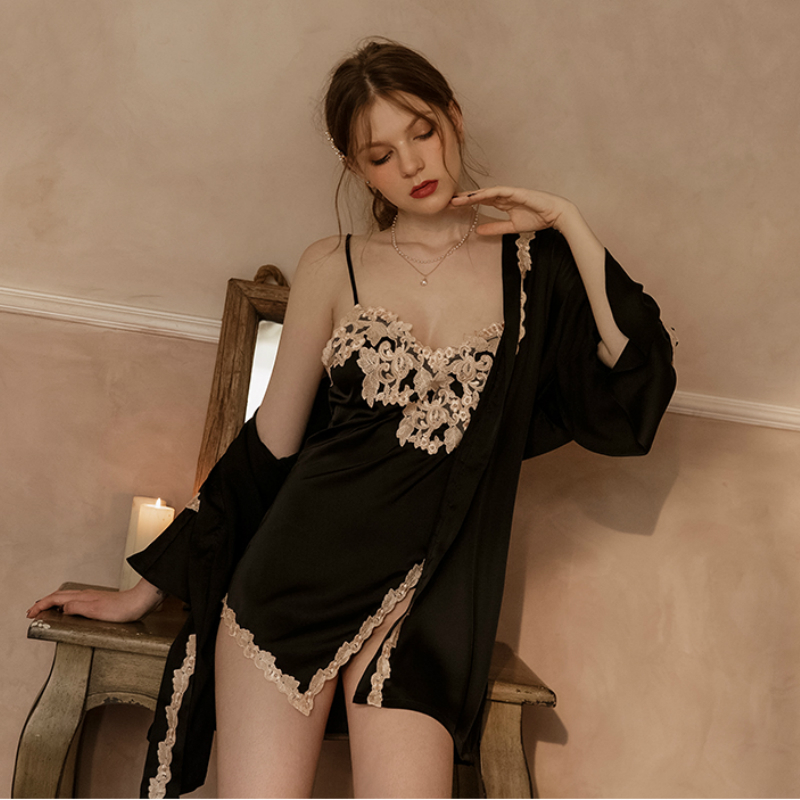 

2021gothic pajamas dressing gown for women embroidery silky homewear set bride wedding robes sleepwear bath robe night bathrobe, Black;white