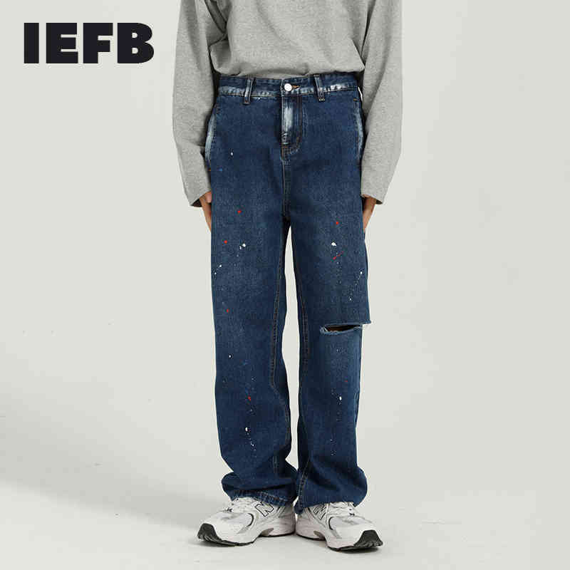 

IEFB Men' Spring Denim Pants Korean Streetwear Fashion Splash Ink Hole Loose Design Blue Jeans Mens Loose Straight Trousers 210524