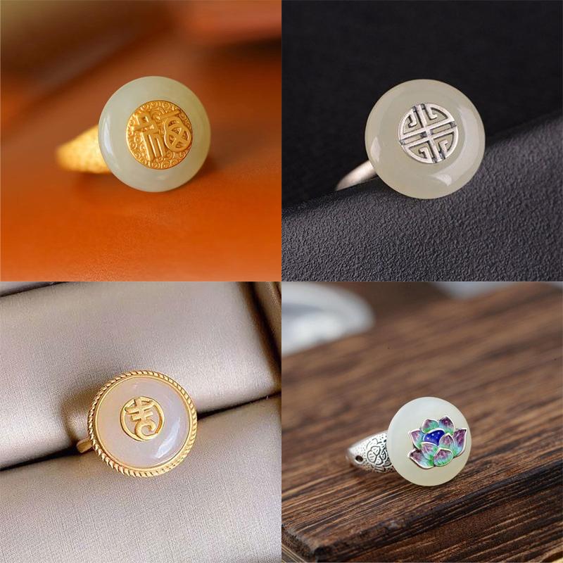 Cluster Rings Sterling Silver Fu Character Enamel Porcelain Agate Peace Buckle Retro Charm Romantic Women Opening Adjustable Ring-image-704538300